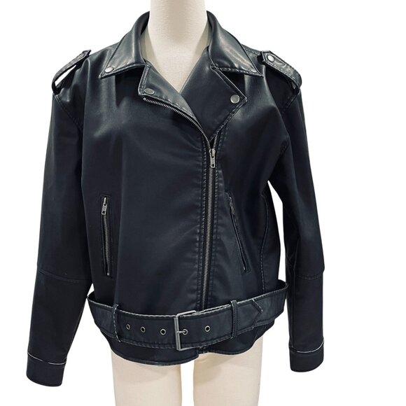 Wild Fable Faux Leather Moto Jacket Black NWT Belted Biker Medium Streetwear - Picture 7 of 10